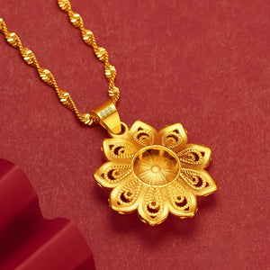 18k Yellow Hollow Sun Flower Necklace for Women Bride Charm Fine Jewelry