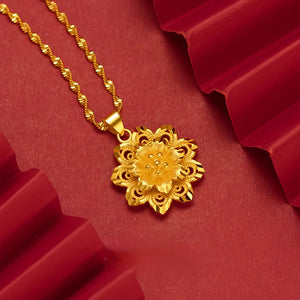 18k Yellow Hollow Sun Flower Necklace for Women Bride Charm Fine Jewelry
