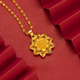 18k Yellow Hollow Sun Flower Necklace for Women Bride Charm Fine Jewelry