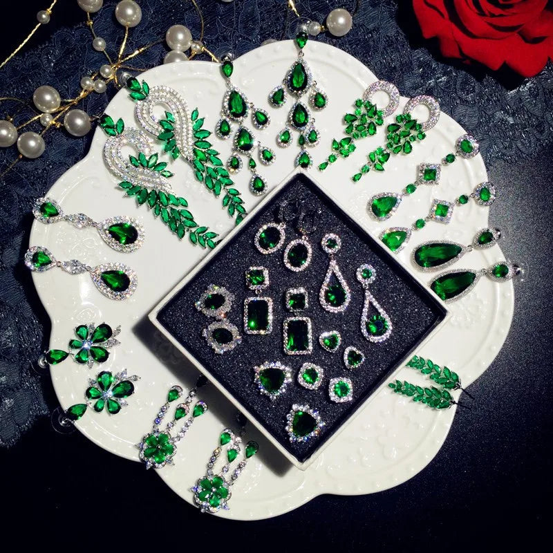 925 Emerald Drop Earrings Vintage Green Cubic Zirconia Anting Wanita