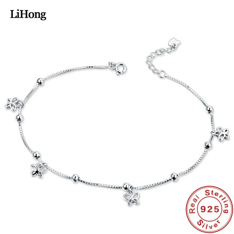 925 Silver Anklet Women Butterfly & Heart Pendant