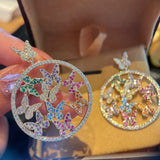 Multicolor CZ Butterfly Circle Drop Earrings 925 Silver Wedding Dangler