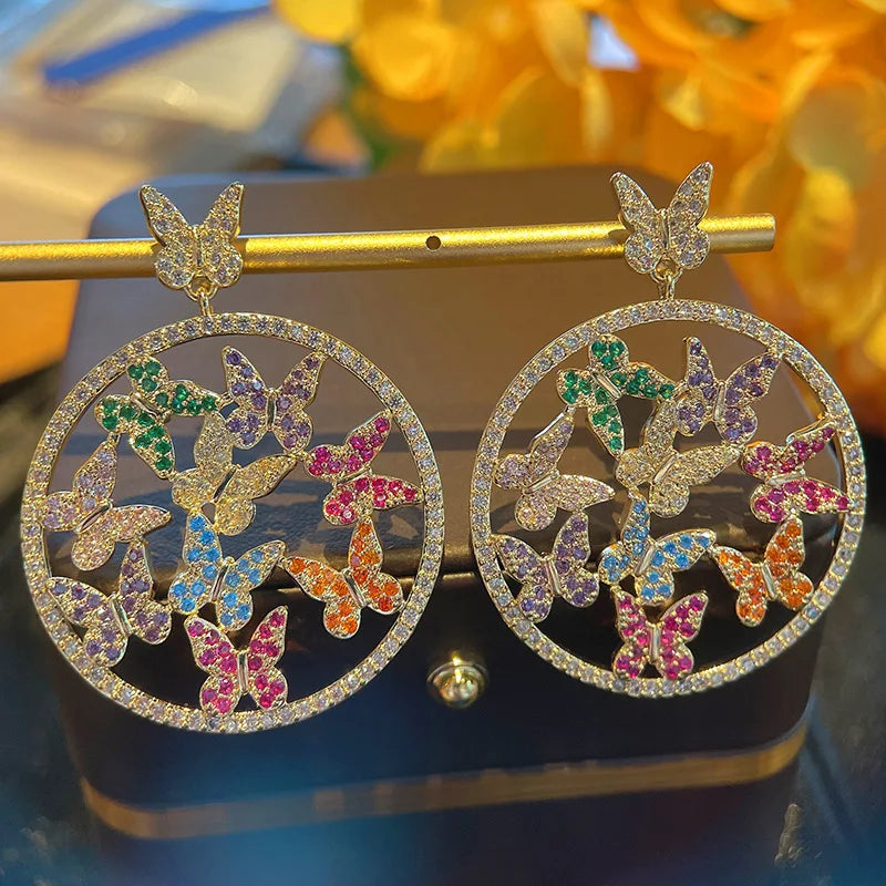 Multicolor CZ Butterfly Circle Drop Earrings 925 Silver Wedding Dangler