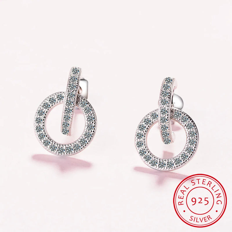 925 Silver CZ Stud Earrings Classic Double Circle CZ Ear Piercing