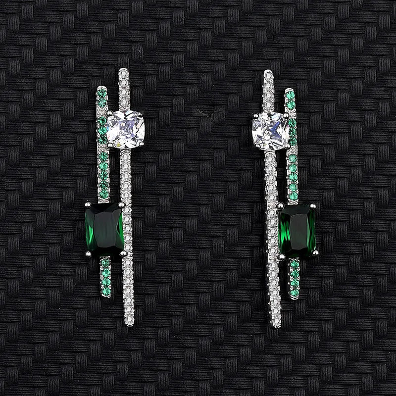 925 Silver Diamond Earrings Bamboo Green CZ Wedding Women Bridal Jewelry