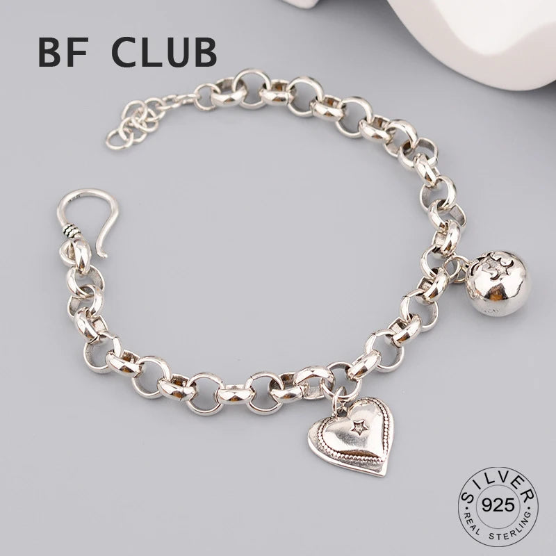 925 Silver Heart Ball Bracelet Vintage Hasp S-B451