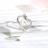Solid 925 Silver Necklace 45+5cm Chain 8mm Freshwater Pear/Zircon Heart Pendant