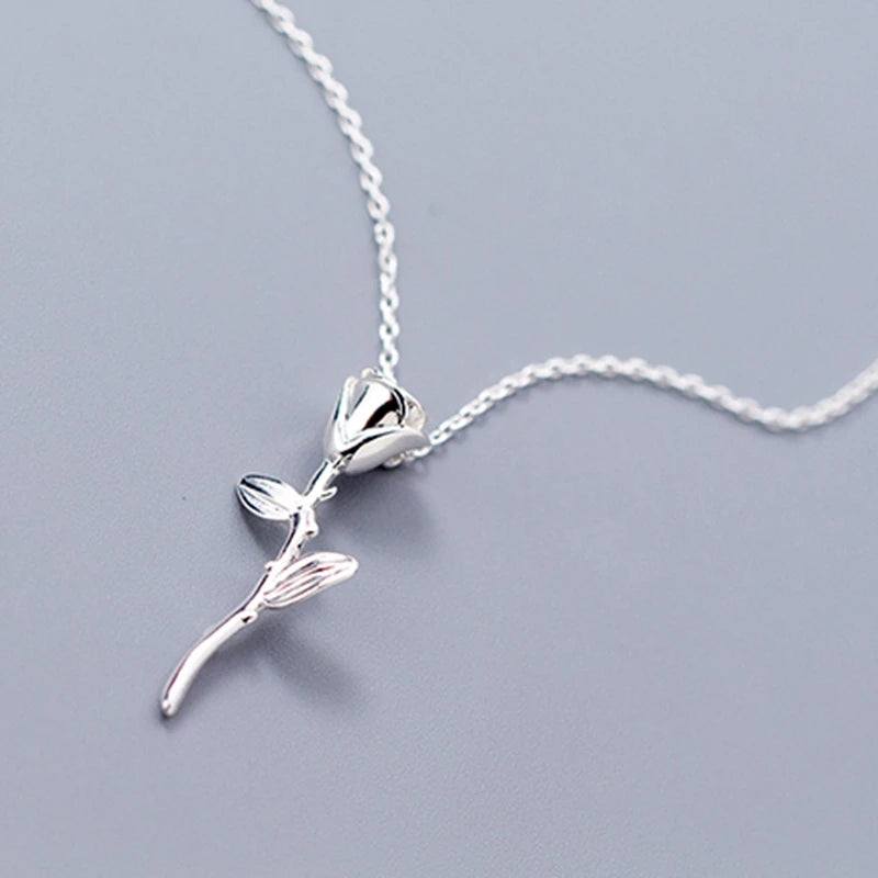 925 Silver Rose Flower Pendant Necklace - Wedding Party Jewelry