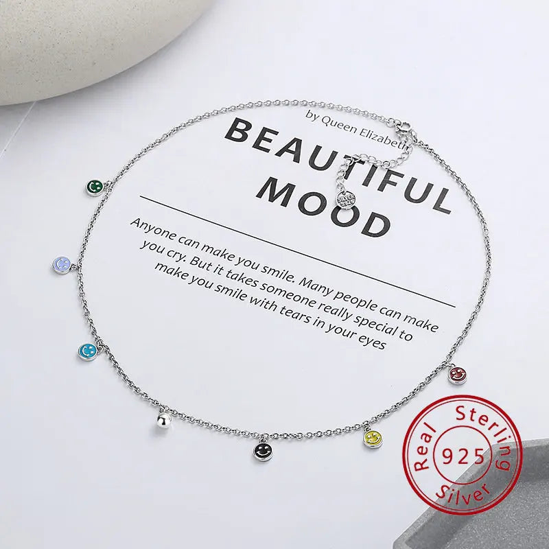 925 Silver Smile Face Dangle Charm Necklace Colorful Enamel Chain Jewelry