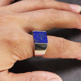 925 Silver Square Lapis Lazuli Agate Ring Men Gemstone Classic Jewelry