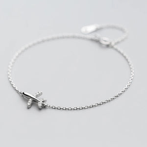 925 Silver Zircon Airplane Charm Bracelet Adjustable Chain Plane Jewelry