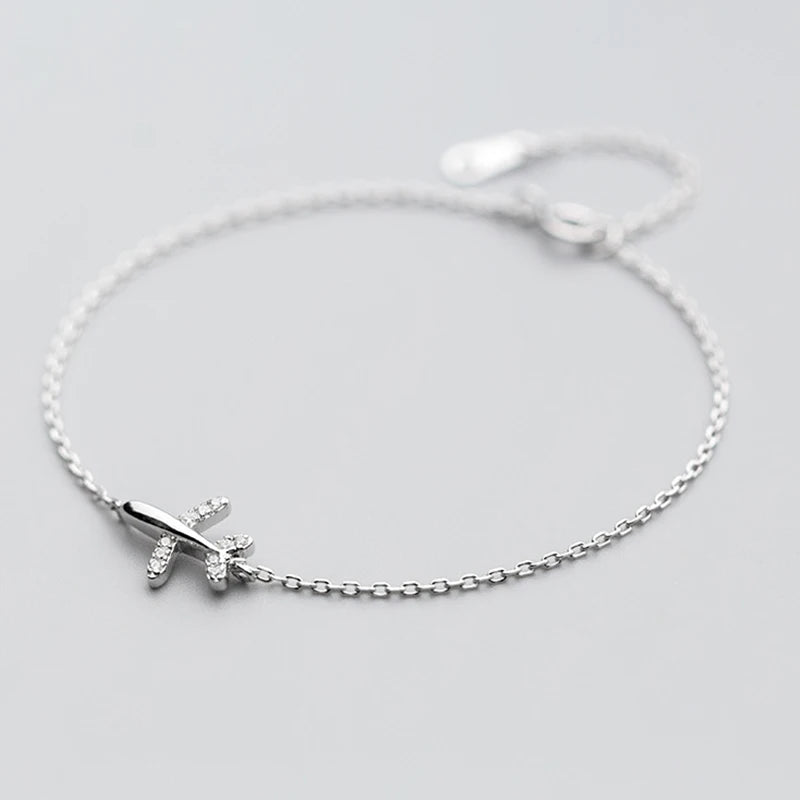 925 Silver Zircon Airplane Charm Bracelet Adjustable Chain Plane Jewelry