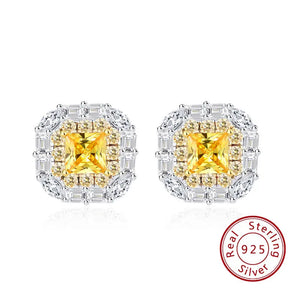 925 Silver Zircon Diamond Stud Earring Yellow Square Shape Jewelry