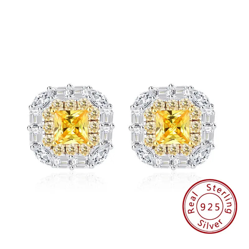 925 Silver Zircon Diamond Stud Earring Yellow Square Shape Jewelry
