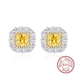 925 Silver Zircon Diamond Stud Earring Yellow Square Shape Jewelry