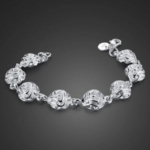 Solid 925 Silver Flower Charm Bracelet for Women