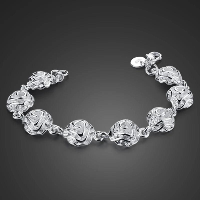Solid 925 Silver Flower Charm Bracelet for Women