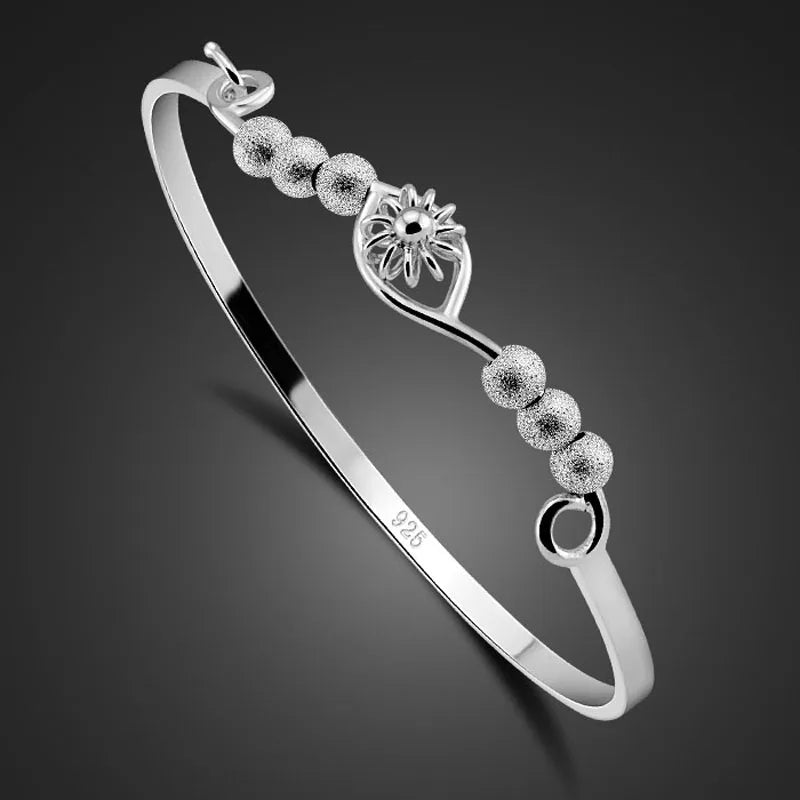 925 Sterling Silver Flower Bracelet with Frosted Bead - Noble Jewelry