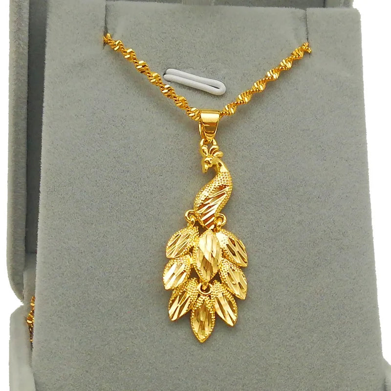 24kt Plated Brass Peacock Pendant Sand Necklace Wedding Colgante