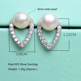 925 Silver Earrings, 6mm Shell Pearl Zircon Tear Drop Jewelry
