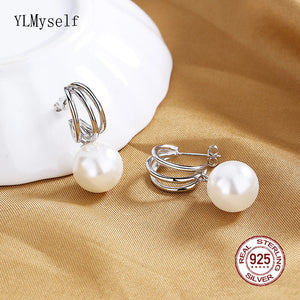 925 Sterling Silver Earrings with 12mm Shell Pearl Gold/White
