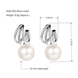 925 Sterling Silver Earrings with 12mm Shell Pearl Gold/White