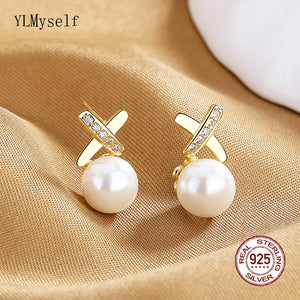 Shell Pearl Cross Earrings 925 Silver Rhodium/Gold Plated Fine Jewelry