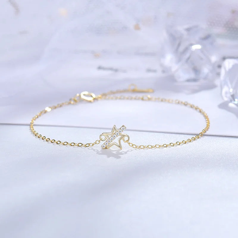 Delicate 14K Gold Plated 925 Silver Star Bracelet with Flash Diamond Inlay