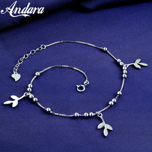 Solid Silver 925 Silver Anklet Woman Leaf Pendant Silver Anklet