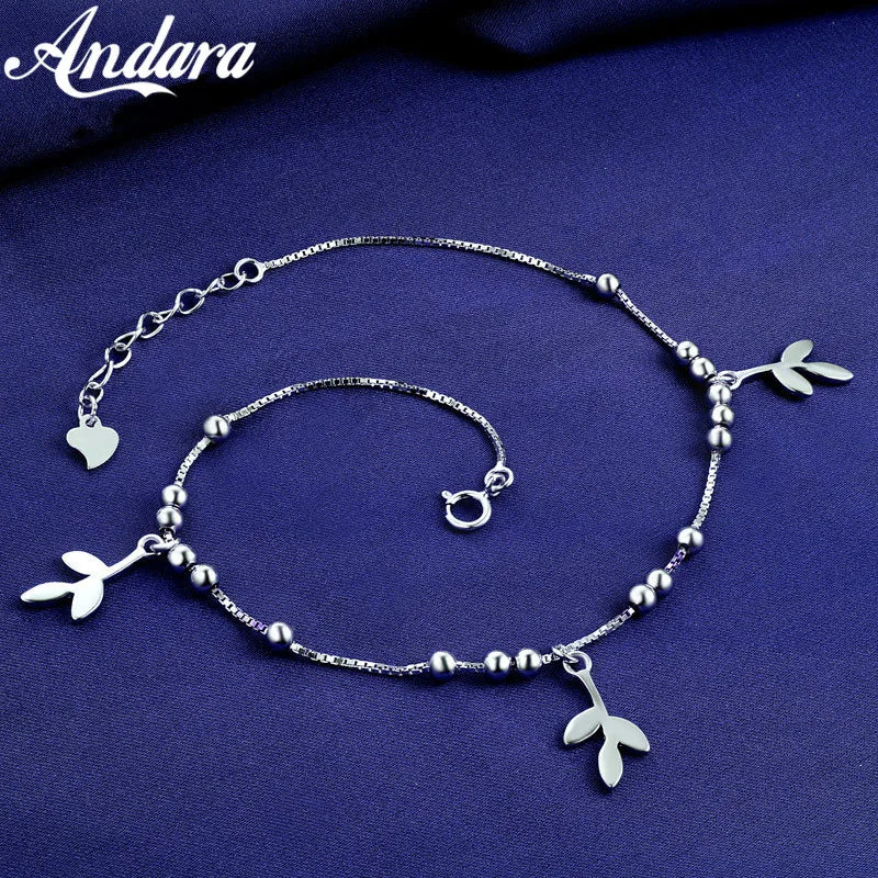 Solid Silver 925 Silver Anklet Woman Leaf Pendant Silver Anklet
