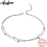 Solid Silver 100% 925 Sterling Silver Anklet Women's Double Love Anklets Jewelry