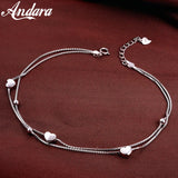 Solid Silver 100% 925 Sterling Silver Anklet Women's Double Love Anklets Jewelry