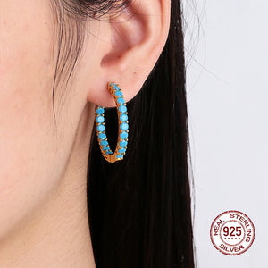 925 Silver Hoop Earring Turquoise Stone Pave 3MM Rhodium/18K Plating