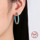925 Silver Hoop Earring Turquoise Stone Pave 3MM Rhodium/18K Plating