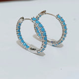 925 Silver Hoop Earring Turquoise Stone Pave 3MM Rhodium/18K Plating