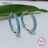 925 Silver Hoop Earring Turquoise Stone Pave 3MM Rhodium/18K Plating