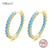 925 Silver Hoop Earring Turquoise Stone Pave 3MM Rhodium/18K Plating