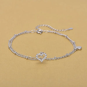 Solid Silver Double Chain Anklets Rhinestone Heart Anklets Women Girls Foot Leg