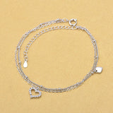 Solid Silver Double Chain Anklets Rhinestone Heart Anklets Women Girls Foot Leg
