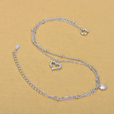 Solid Silver Double Chain Anklets Rhinestone Heart Anklets Women Girls Foot Leg