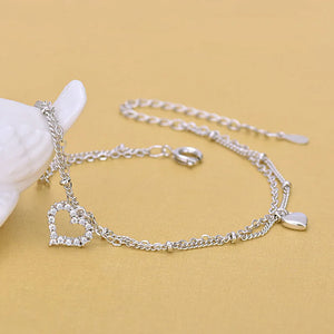 Solid Silver Double Chain Anklets Rhinestone Heart Anklets Women Girls Foot Leg