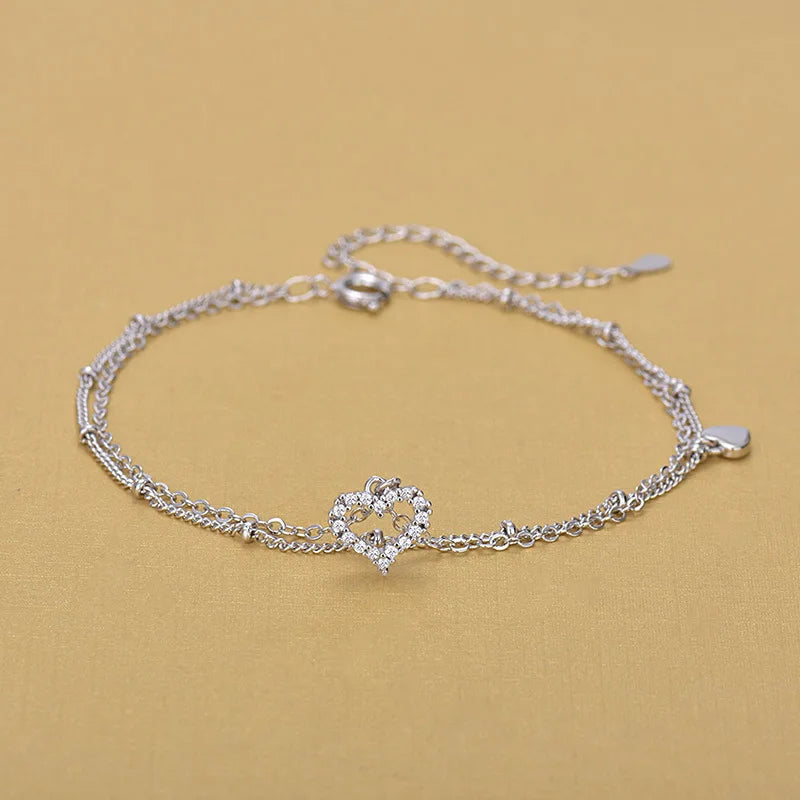 Solid Silver Double Chain Anklets Rhinestone Heart Anklets Women Girls Foot Leg