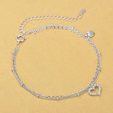 Solid Silver Double Chain Anklets Rhinestone Heart Anklets Women Girls Foot Leg