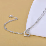Solid Silver Double Chain Anklets Rhinestone Heart Anklets Women Girls Foot Leg