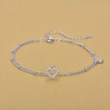 Solid Silver Double Chain Anklets Rhinestone Heart Anklets Women Girls Foot Leg