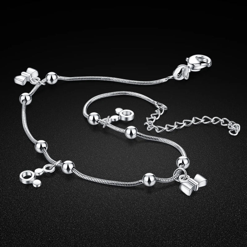 Solid Silver Women's Anklet Bead Snake Chain Ankle Jewelry