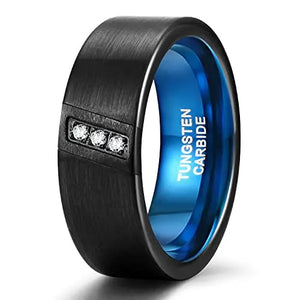 Blue/Silver 8mm Tungsten Wedding Band CZ Three Stone Diagonal Men's Ring