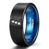 Blue/Silver 8mm Tungsten Wedding Band CZ Three Stone Diagonal Men's Ring