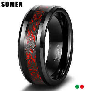 Mens Tungsten Ring Celtic Dragon Inlay Red/Green 8mm Wedding Bands