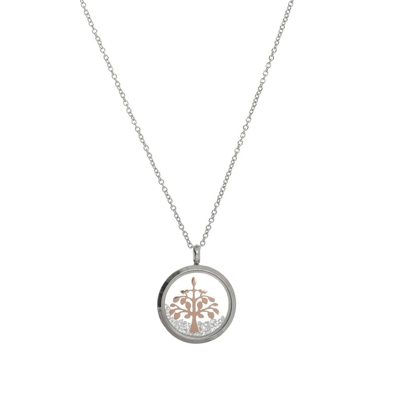 Stainless Steel Locket Necklace Tree of Life Charm with Crystal Glass Pendant